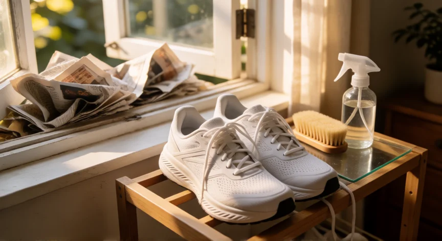 consejos para lavar zapatillas en lavadora, Zapatillas secándose a la sombra con papel de periódico en el interior