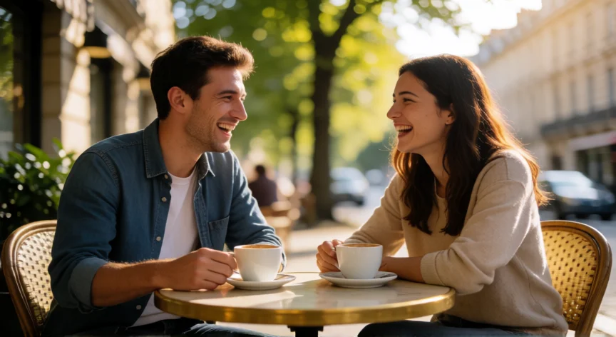 consejos para ligar, Pareja riendo en una terraza de café durante una primera cita