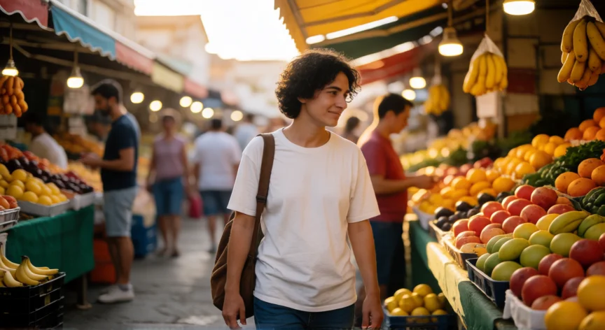 consejos para ligar, Persona paseando con calma por un mercado al aire libre