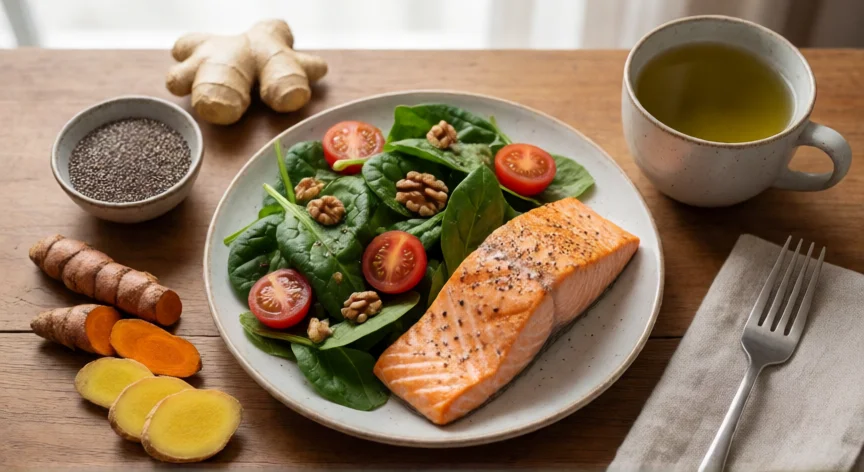 consejos para lipedema, Comida antiinflamatoria con salmón, espinacas, nueces y té verde sobre mesa de madera