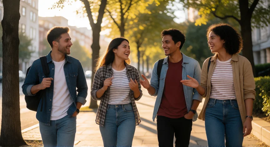 consejos para los 20 años, Grupo de amigos de veinte años caminando y riendo por la ciudad