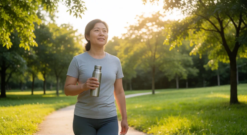 consejos para los 30 años, Persona caminando por un parque al amanecer en su rutina de ejercicio