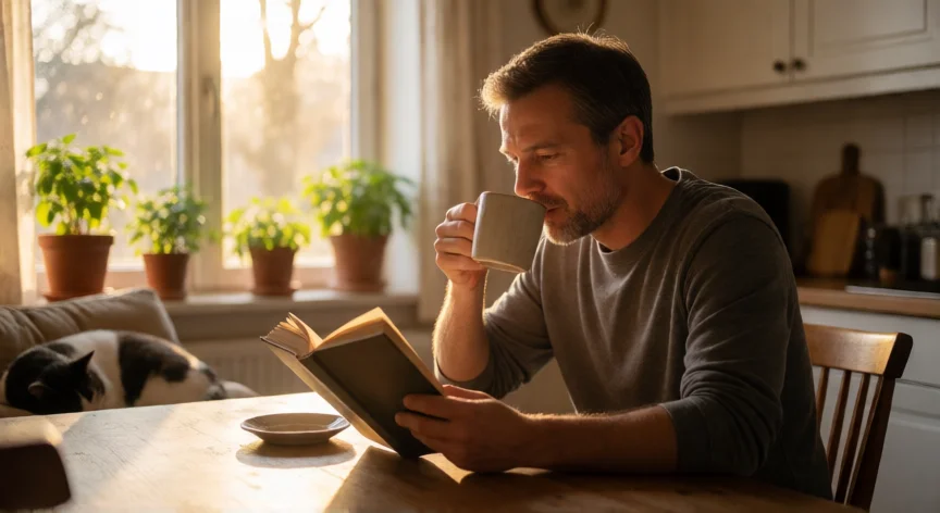 consejos para los 40, Hombre en sus 40 tomando café por la mañana en su cocina, momento de calma y reflexión personal