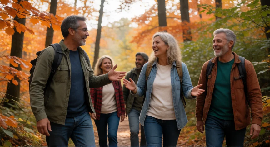 consejos para los 40, Grupo de amigos en sus 40 haciendo senderismo por un bosque otoñal, amistad y actividad física