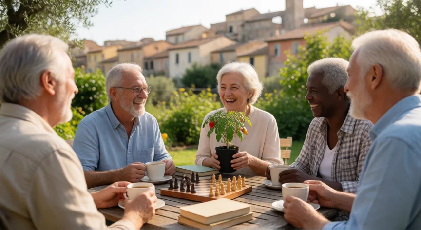 consejos para los 60 años, Grupo de amigos de unos 60 años compartiendo café y tertulia en un jardín comunitario