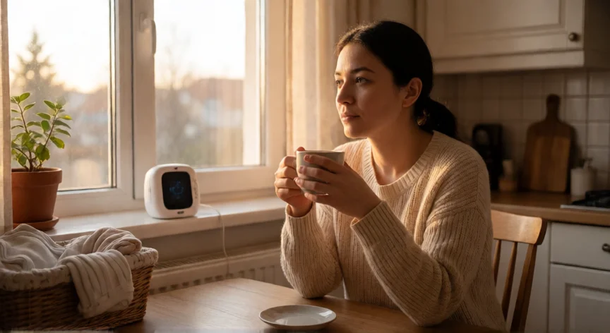 consejos para madres primerizas, Madre tomando un desayuno tranquilo con su bebé durmiendo al fondo