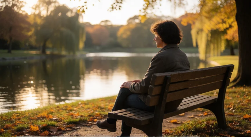 consejos para madurar y ser mejor persona, Persona reflexionando en un banco de parque al atardecer, representando el autoconocimiento