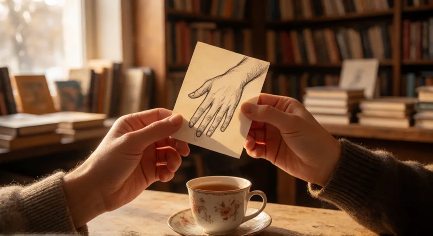 consejos para madurar y ser mejor persona, Manos sobre una mesa con té y un dibujo, simbolizando la empatía y conexión genuina