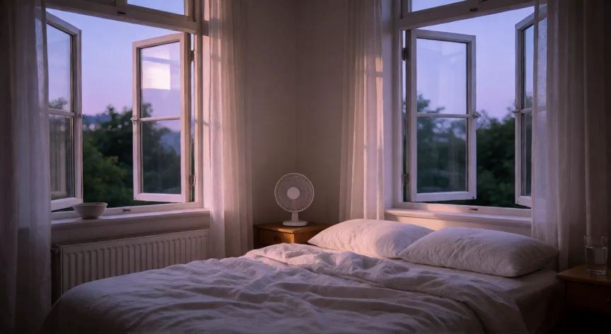 consejos para mantener la casa fresca, Dormitorio ventilado al atardecer con ventilador y cuenco de hielo