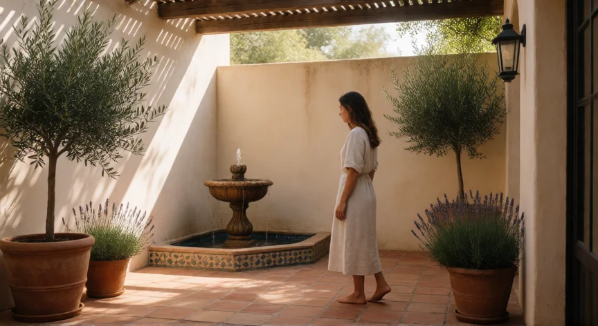 consejos para mantener la casa fresca en verano, Mujer en un patio mediterráneo con fuente de agua y sombra de pérgola durante el verano