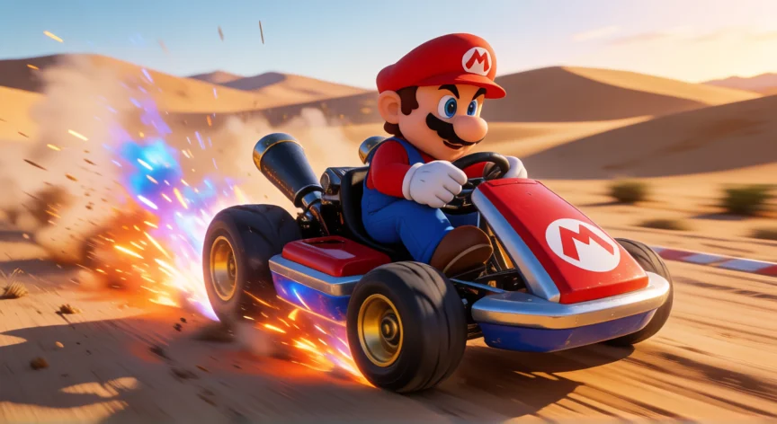 consejos para mario kart 8 deluxe, Kart rojo haciendo un drift con chispas azules en un circuito de desierto