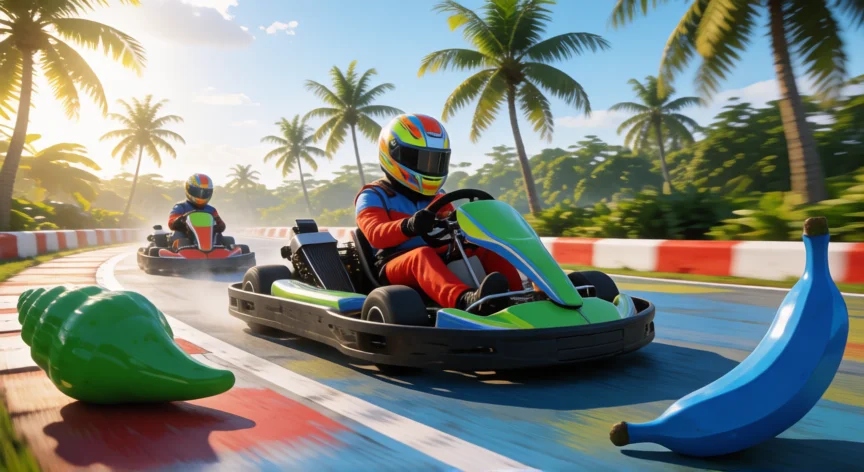 consejos para mario kart 8 deluxe, Circuito tropical con items de Mario Kart en la pista: caparazón y banana