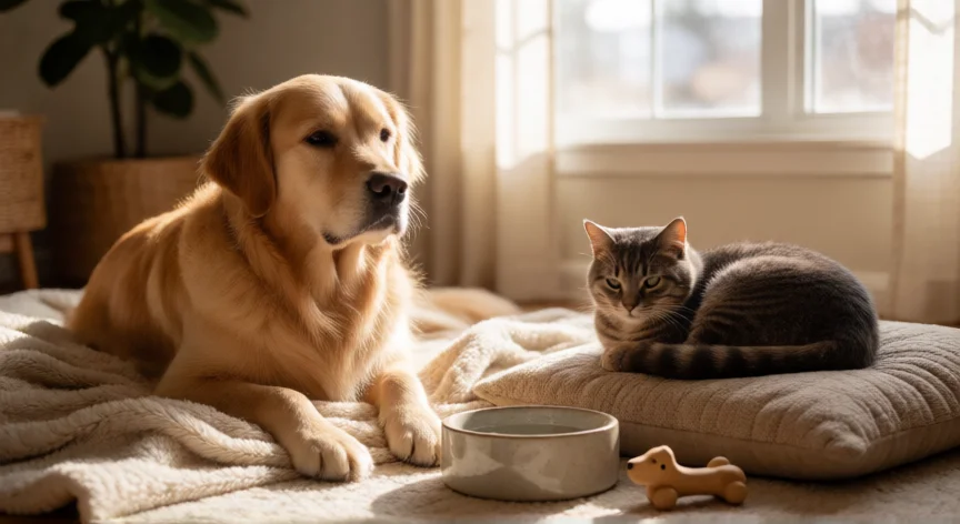 consejos para mascotas, Perro y gato descansando juntos en un salón acogedor con luz natural
