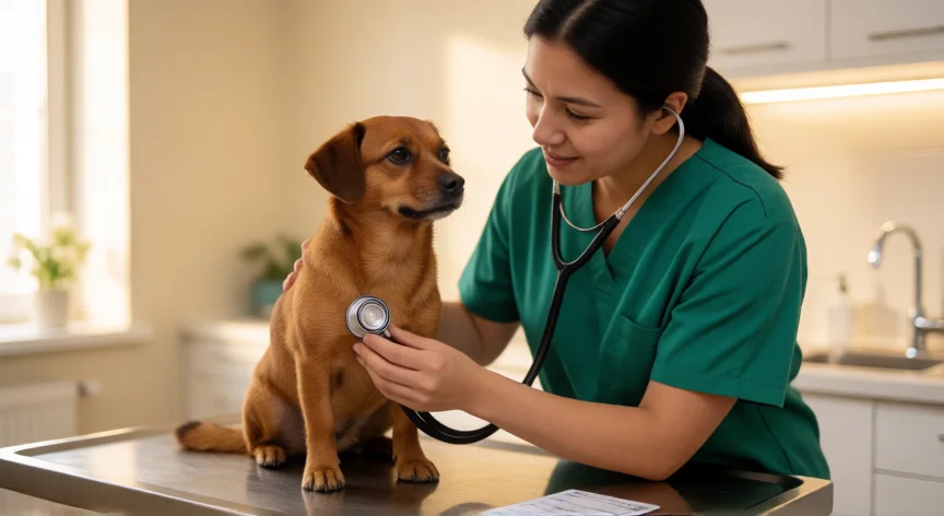 consejos para mascotas, Veterinario revisando a un perro en consulta médica animal