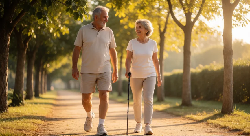 consejos para mayores de 70 años, Pareja mayor de 70 años paseando juntos por un parque al amanecer haciendo ejercicio suave