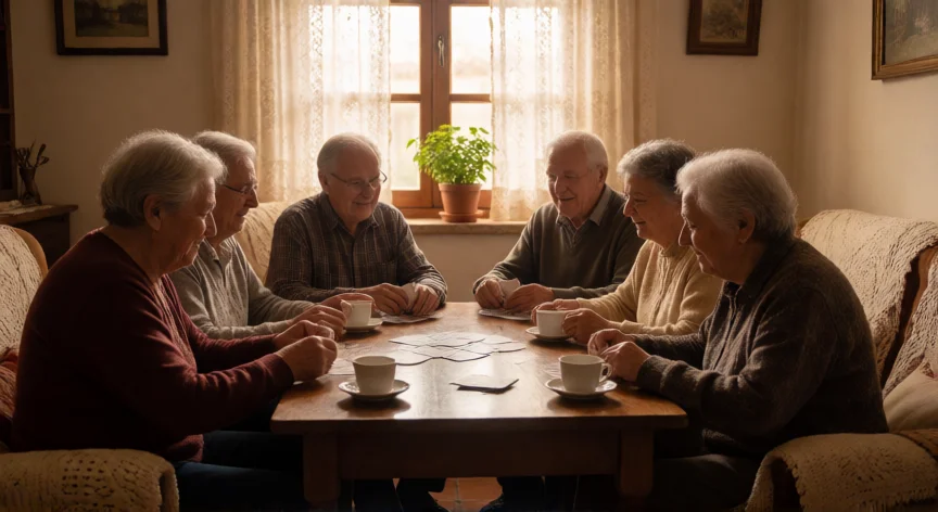 consejos para mayores de 70 años, Grupo de mayores de 70 años jugando a las cartas en un salón cálido compartiendo tiempo juntos