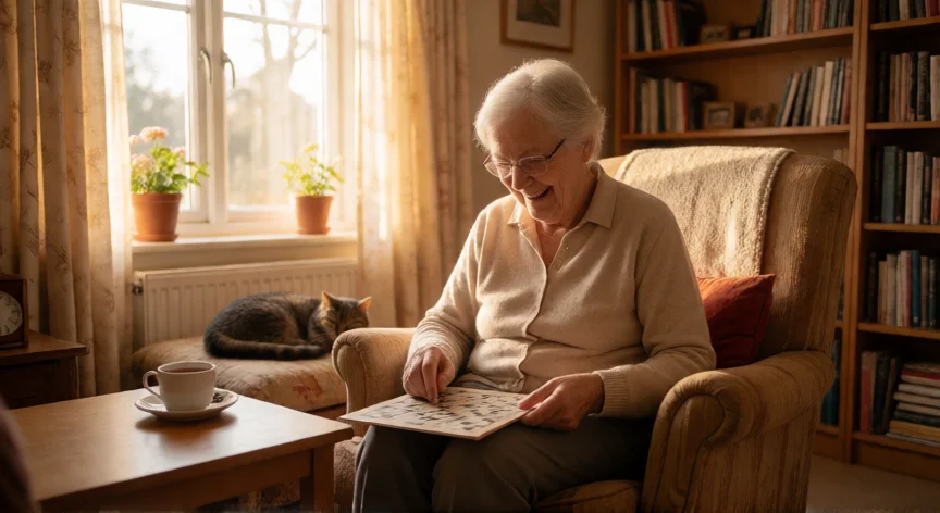 consejos para mayores de 80 años, Mujer mayor de 80 años haciendo un crucigrama en su salón con luz cálida