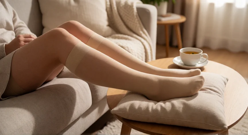 consejos para mejorar las varices, Persona con medias de compresión y piernas elevadas en el sofá para aliviar varices