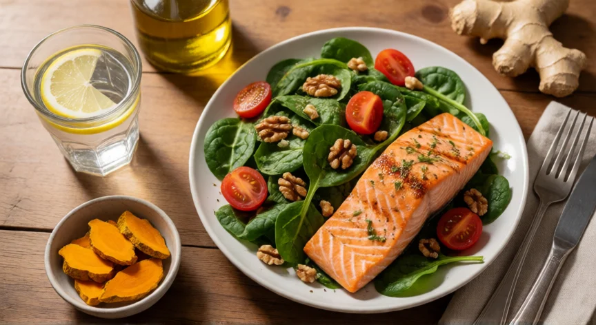 consejos para mejorar lipedema, Comida antiinflamatoria con salmón, verduras y especias para manejar el lipedema