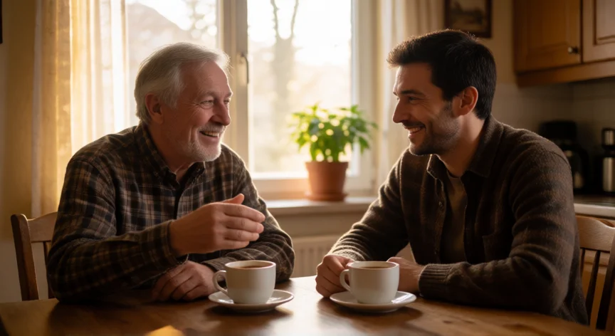 consejos para mi yerno, Abuelo y yerno compartiendo café en la cocina familiar, conversación tranquila y respetuosa