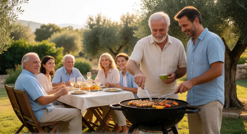 consejos para mi yerno, Familia multi-generacional compartiendo comida al aire libre, suegro y yerno cocinando juntos