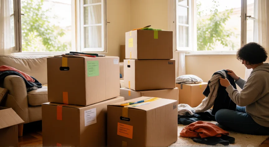 consejos para mudanza, Habitación en proceso de mudanza con cajas etiquetadas y ropa separada por categorías