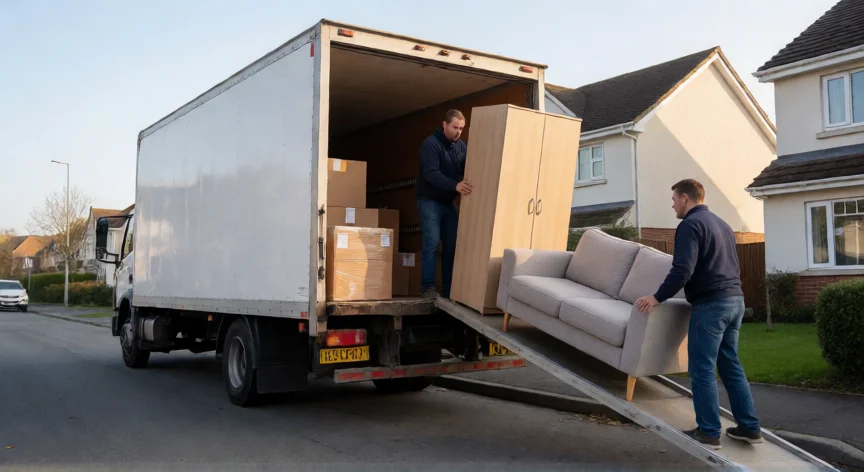 consejos para mudanza, Operarios cargando muebles en un camión de mudanza en una calle residencial
