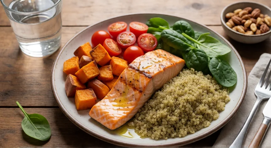 consejos para mujeres de 40 años, Comida equilibrada con salmón, boniato y quinoa para mujer de 40 años