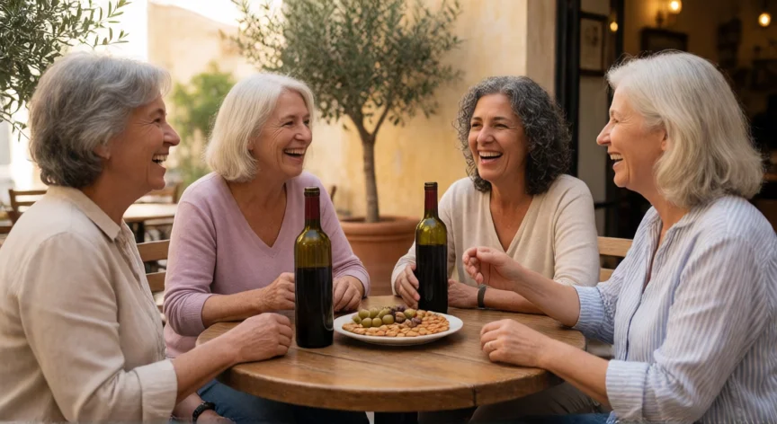 consejos para mujeres de 60 años, Grupo de amigas de 60 años compartiendo tapas y risas en una terraza mediterránea