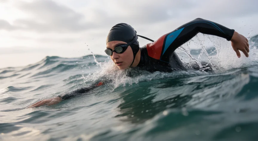 consejos para nadar en aguas abiertas, Nadador usando técnica de roll con el oleaje en mar abierto