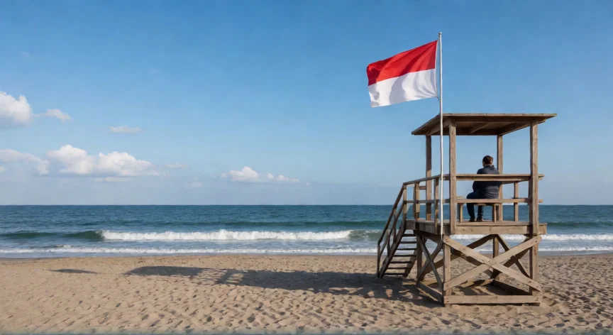 consejos para nadar en el mar, Torre de socorrista en playa vigilada con bandera de aviso