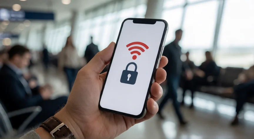 consejos para navegar seguro en internet, Mano sosteniendo un móvil en un aeropuerto mostrando bloqueo de red Wi-Fi pública