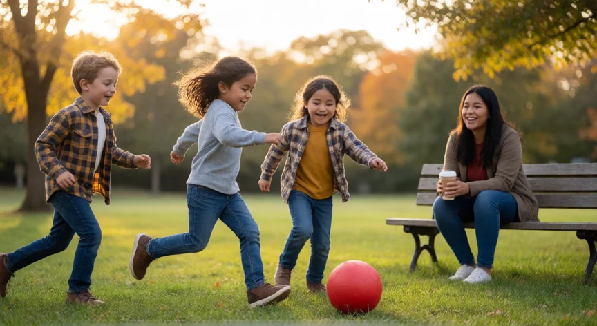 consejos para niños de 8 años, Grupo de niños jugando al béisbol en un parque al atardecer