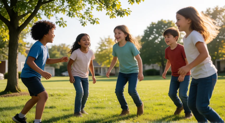 consejos para niños de 9 años, Grupo de niños de 9 años jugando al fútbol en un parque soleado