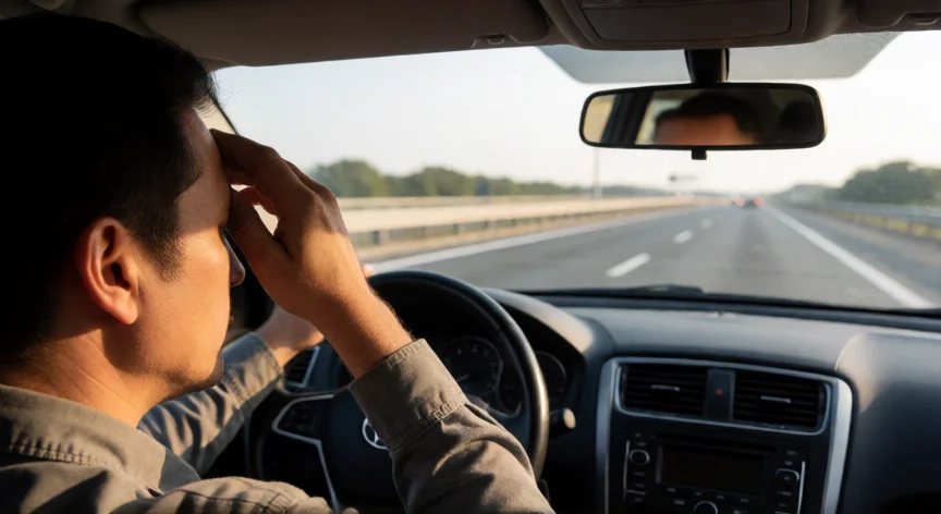 consejos para no dormirse al volante, Conductor somnolento en una área de servicio con la mano en la frente
