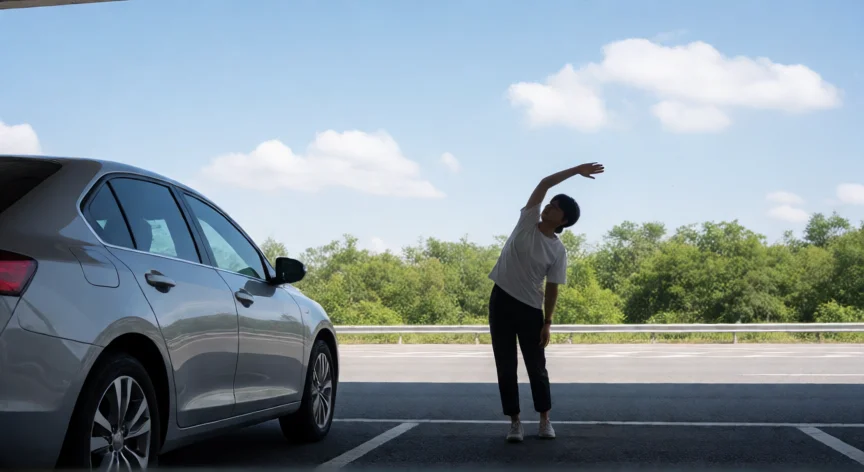 consejos para no dormirse al volante, Persona estirando y caminando en una parada de carretera para combatir la fatiga