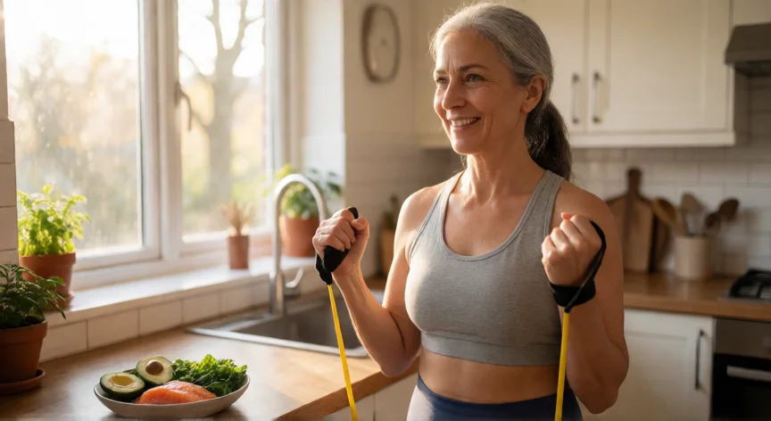 consejos para no engordar en la menopausia, Mujer madura haciendo ejercicio de fuerza con banda elástica en su cocina