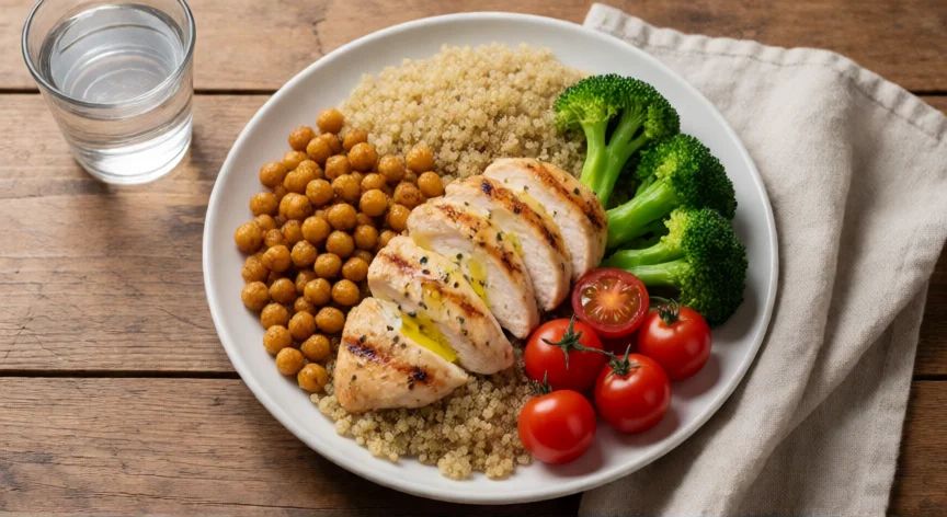 consejos para no engordar en la menopausia, Comida equilibrada rica en proteína y verduras sobre mesa de madera