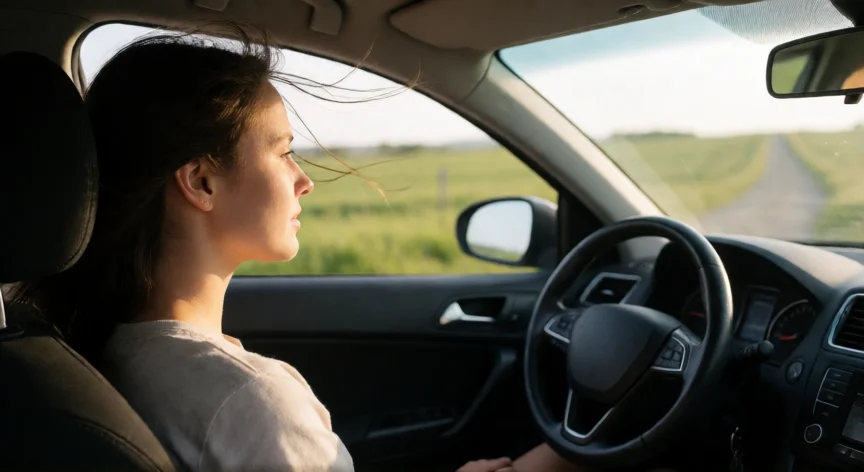 consejos para no marearse en coche, Pasajera mirando al horizonte desde el asiento delantero con la ventanilla abierta