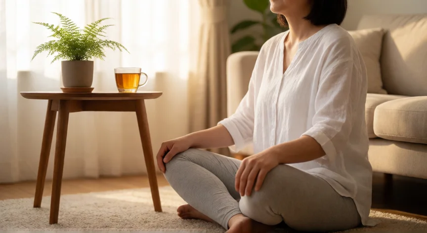 Mujer practicando respiración consciente en su salón para reducir la ansiedad