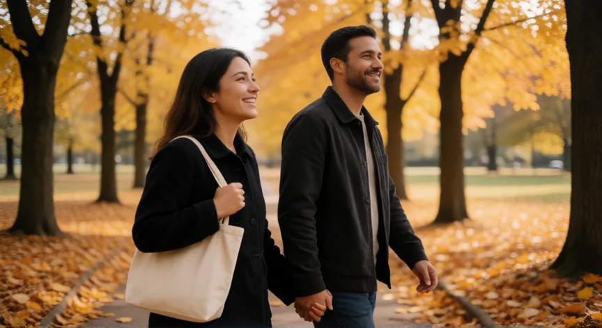 consejos para no obsesionarse con quedar embarazada, Pareja paseando juntos por un parque reconectando fuera de la presión del embarazo