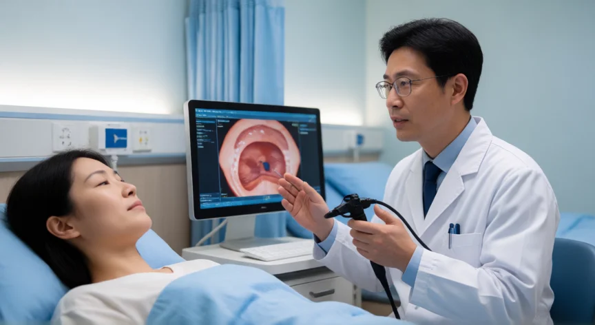 consejos para no roncar, Médico especialista en sueño evaluando las vías respiratorias de un paciente en clínica