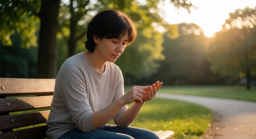 consejos para no sentirse menos que los demás, Persona reflexiva en un banco de parque al atardecer, simbolizando la autocompasión
