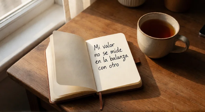 consejos para no sentirse menos que los demás, Diario abierto con nota de autoafirmación junto a una taza de té en un escritorio