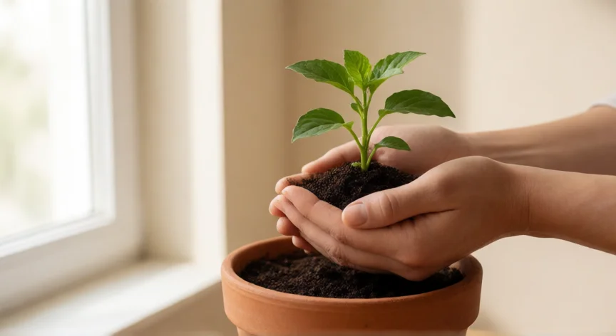consejos para no ser celoso, Manos cuidando una pequeña planta en maceta, metáfora de cultivar la confianza