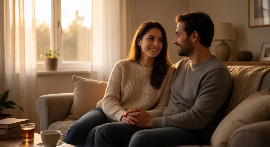 consejos para no ser infiel, Pareja conversando de forma íntima en el salón con luz cálida de atardecer