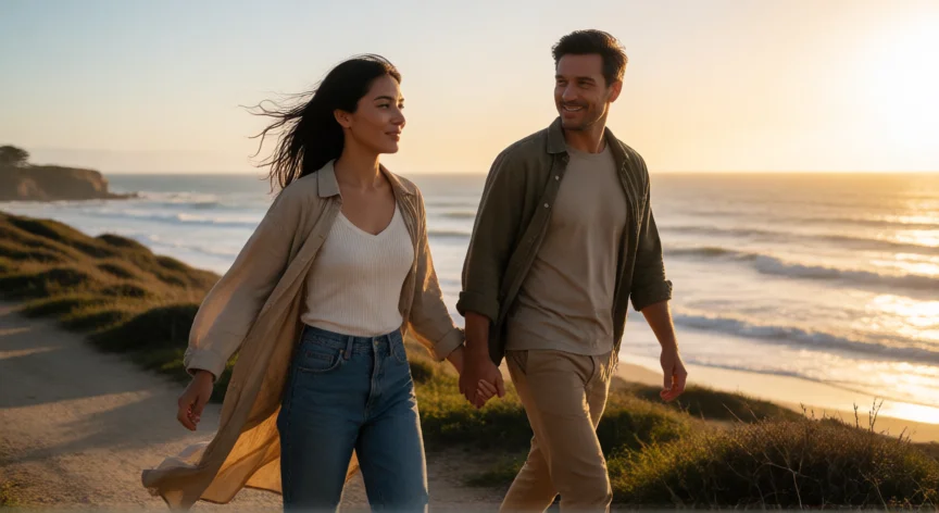 consejos para no ser infiel, Pareja caminando de la mano por la costa al atardecer en un momento de conexión