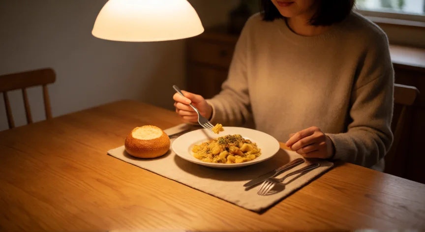 consejos para no ser migajero, Persona comiendo con técnica adecuada en una mesa bien iluminada y ordenada