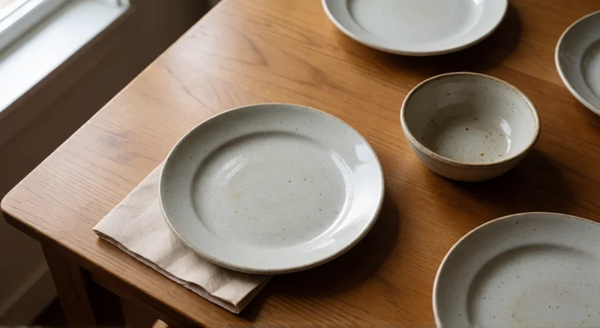 consejos para no ser migajero, Vista cenital de una mesa limpia tras la comida con servilleta bajo el plato