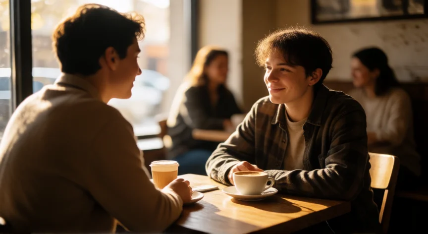 consejos para no ser timido, Persona conversando con calma y atención en una cafetería, ejemplo de interacción social gradual